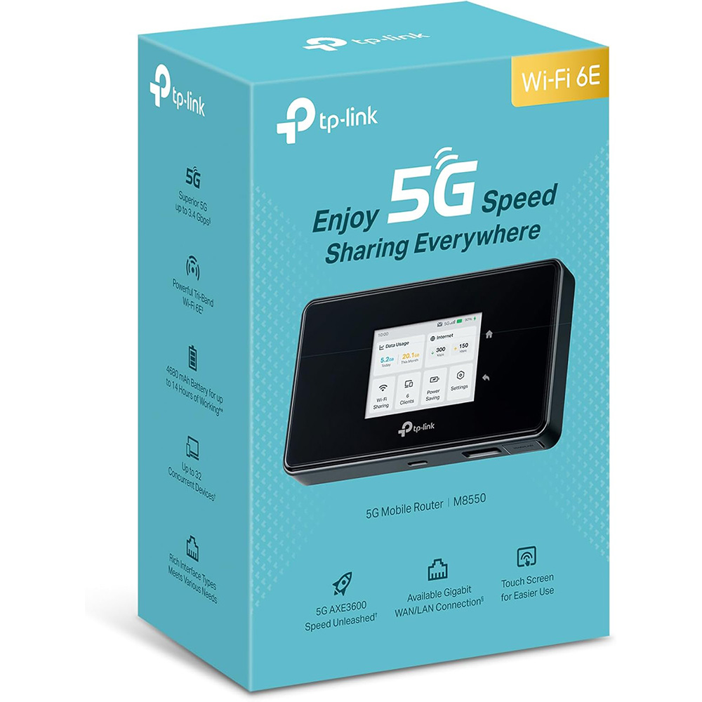 TP-Link M8550 5G mobile Wi-Fi router in black featuring a vibrant color touchscreen