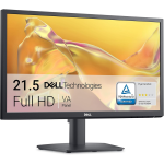 Front three-quarter view of a 21.5-inch Dell Full HD monitor with a gold abstract wallpaper on screen, featuring a retail label highlighting the 21.5-inch screen size, Dell Technologies logo, and Full HD resolution.