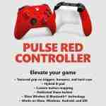 Microsoft Xbox Pulse Red Wireless Controller product overview featuring Bluetooth connectivity, Share Button, hybrid D-pad, and compatibility with Xbox Series X