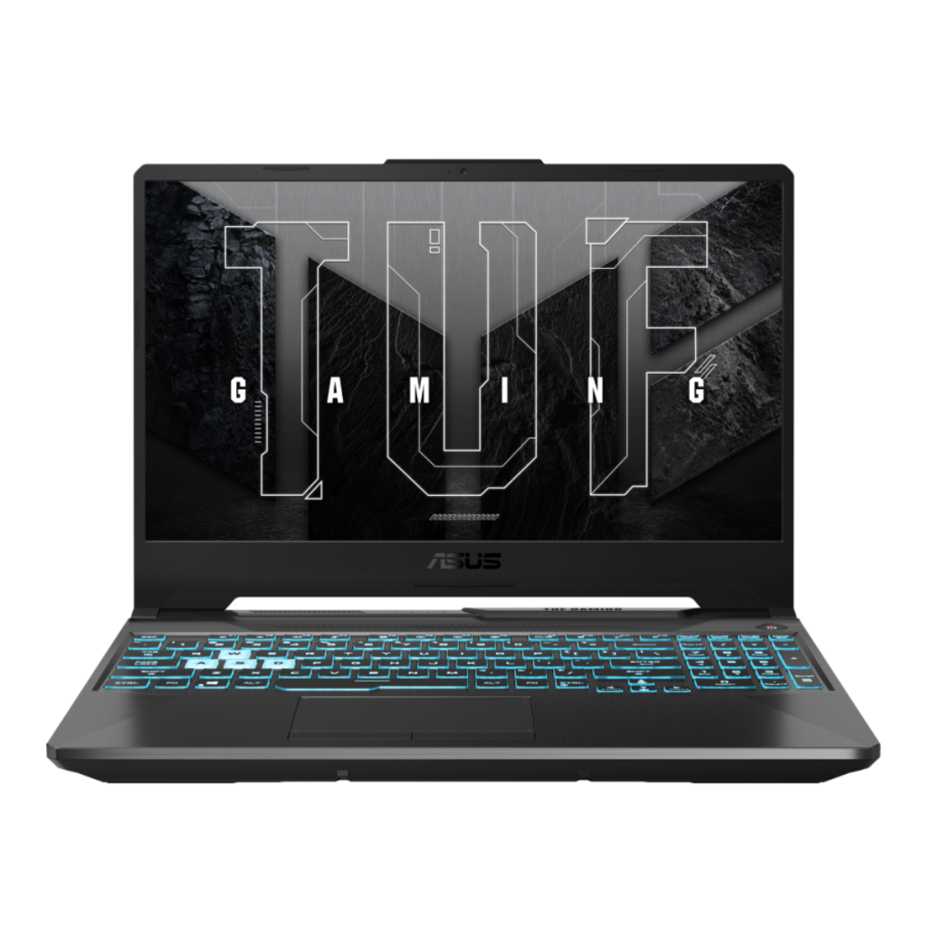 ASUS TUF Gaming A15 laptop front view with blue RGB keyboard lighting
