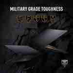 Dual angle views of the closed dark gray ASUS TUF Gaming F16 laptop chassis against a cracked stone backdrop with durability icons. Headline reads "MILITARY GRADE TOUGHNESS."