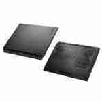 Dual view showing the sleek dark metallic lid and textured bottom cooling ventilation chassis of an ASUS TUF Gaming laptop.