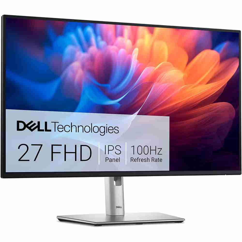Direct front view of the Dell Technologies 27 FHD IPS 100Hz refresh rate monitor displaying vibrant colorful graphics.