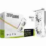 ZOTAC GAMING GeForce RTX 5070 Twin Edge OC White Edition graphics card positioned in front of its official white and gold retail box.