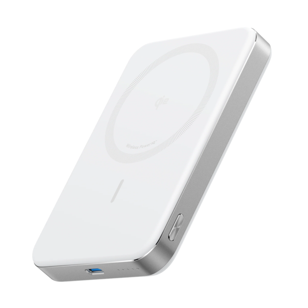White Anker MagGo magnetic power bank isolated with USB-C port visible