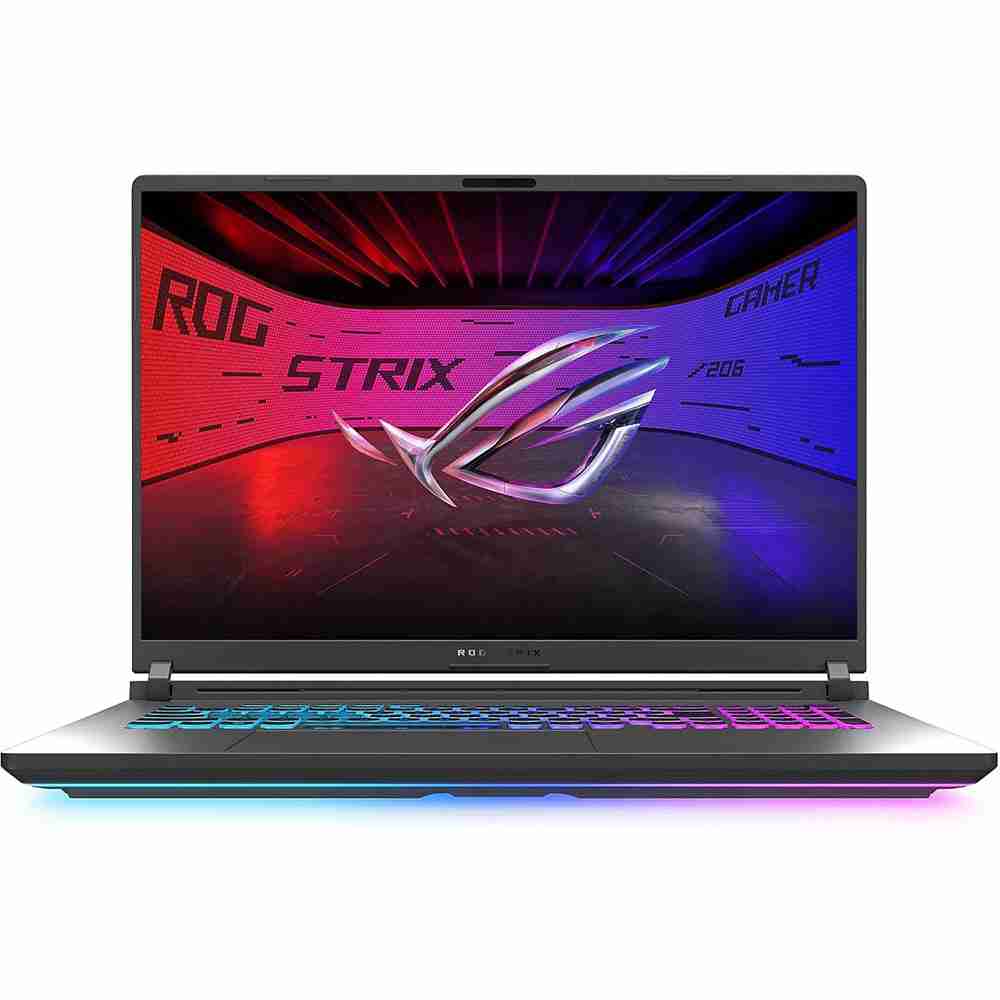 Direct front studio shot of the ASUS ROG Strix gaming laptop featuring glowing ROG Strix wallpaper, per-key RGB keyboard, and front lightbar illumination.