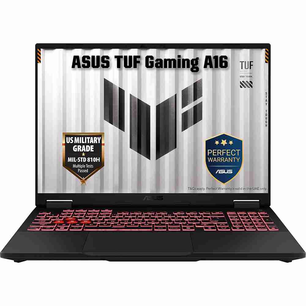Direct front studio view of the ASUS TUF Gaming A16 laptop showing the TUF branded display wallpaper and illuminated keyboard deck.