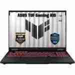 Direct front studio shot of the ASUS TUF Gaming A16 laptop displaying the TUF logo screen wallpaper and illuminated keyboard.