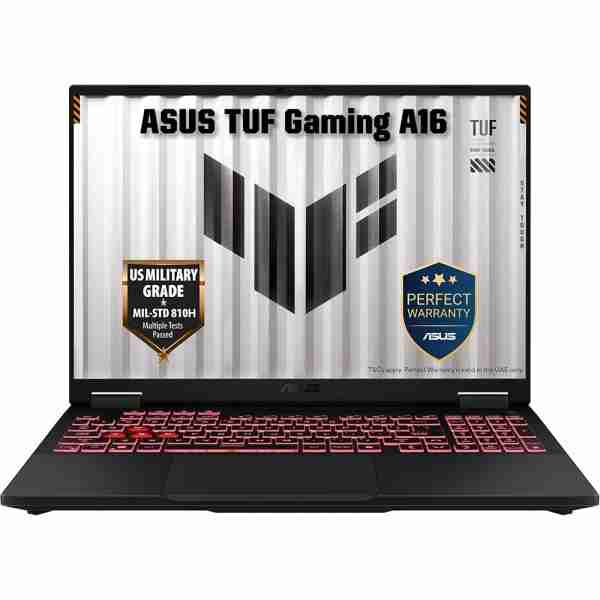Direct front studio shot of the ASUS TUF Gaming A16 laptop displaying the TUF logo screen wallpaper and illuminated keyboard.
