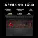 Infographic titled "THE WORLD AT YOUR FINGERTIPS" showcasing the 1-zone RGB backlit full-size keyboard with highlighted WASD keys, 1.7mm key travel, and touchpad.