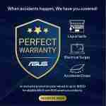 Promotional infographic displaying the ASUS Perfect Warranty shield badge highlighting coverage for liquid spills, electrical surges, drops, and accidental damage.
