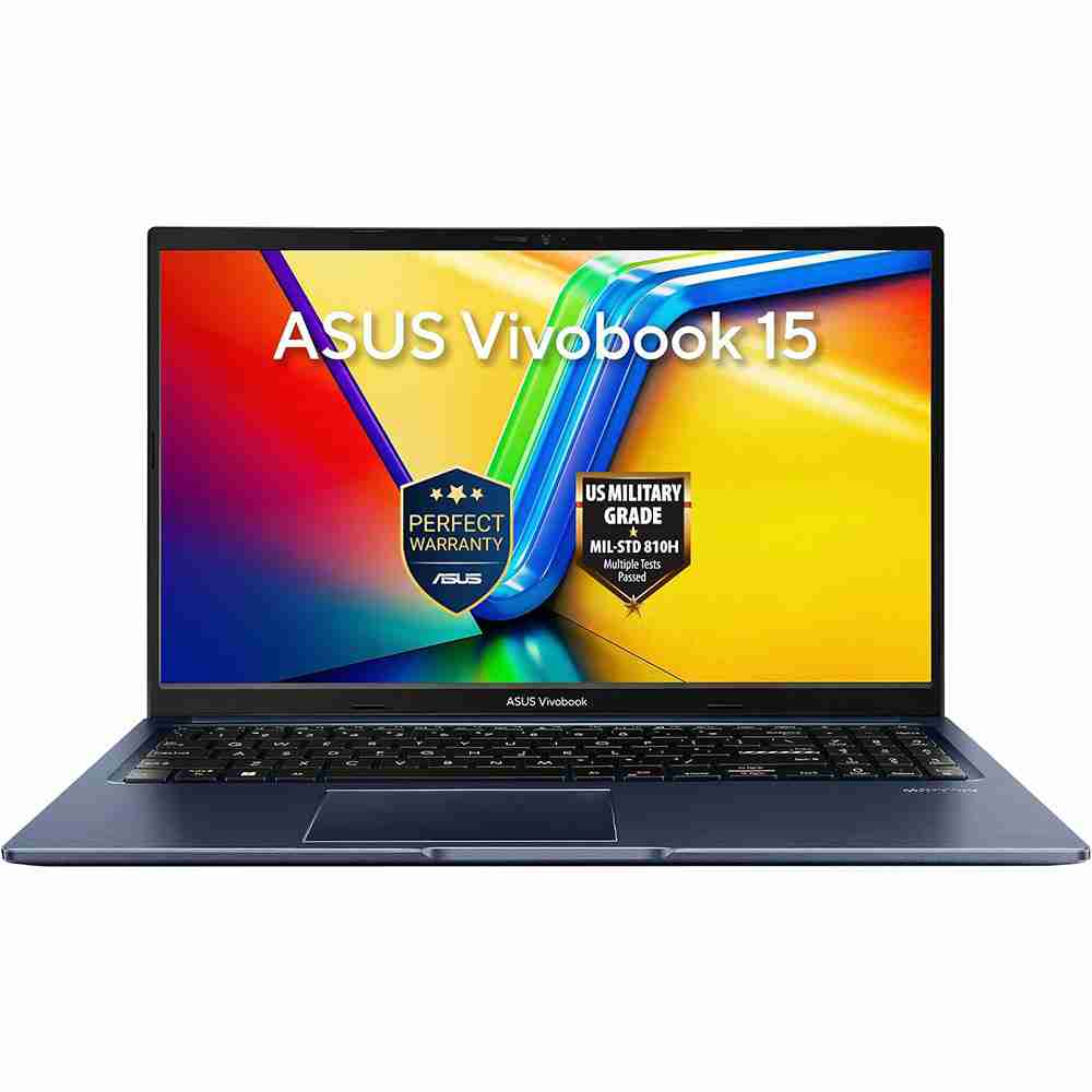 Direct front studio shot of the Quiet Blue ASUS Vivobook 15 laptop displaying colorful screen wallpaper along with warranty and durability badges.