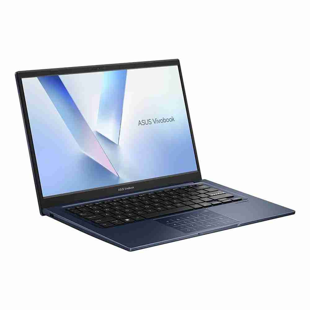 Front angled perspective of the open ASUS Vivobook laptop displaying the vibrant narrow-bezel screen, full keyboard deck, and precision touchpad.
