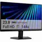 Direct front studio shot of the Dell 23.8-inch Full HD IPS 144Hz gaming monitor displaying abstract blue linear light graphics on screen.