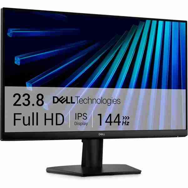 Direct front studio shot of the Dell 23.8-inch Full HD IPS 144Hz gaming monitor displaying abstract blue linear light graphics on screen.