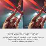 Side-by-side motion comparison graphic titled "Clear visuals. Fluid motion." highlighting the 144Hz refresh rate and 1ms Moving Picture Response Time (MPRT).