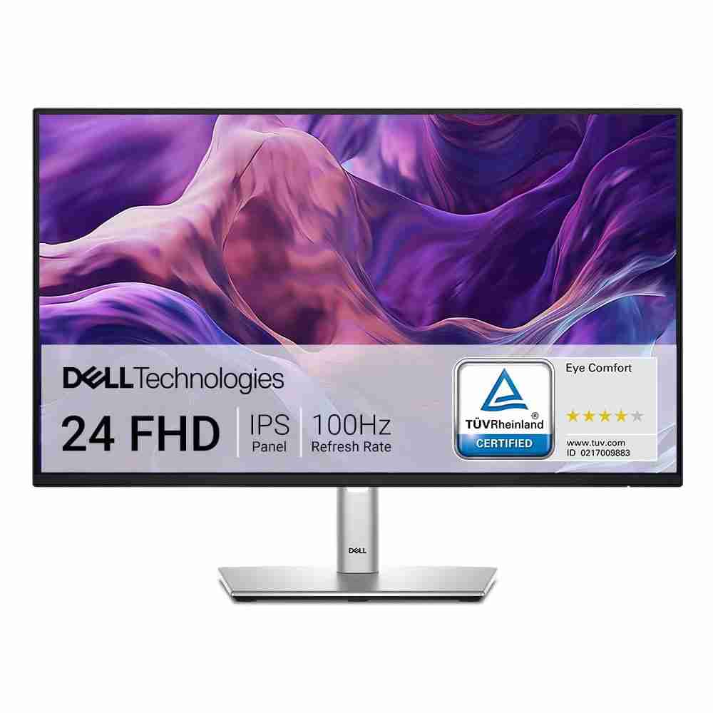 Direct front studio shot of the Dell 24-inch Full HD IPS 100Hz monitor with TÜV Rheinland eye comfort certification badge displayed on screen.