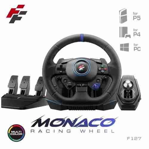 FlashFire Monaco F127 racing wheel bundle showing the steering wheel with blue center stripe, 3-pedal unit, 6-speed manual shifter, and platform compatibility icons for PlayStation, Xbox, and PC.