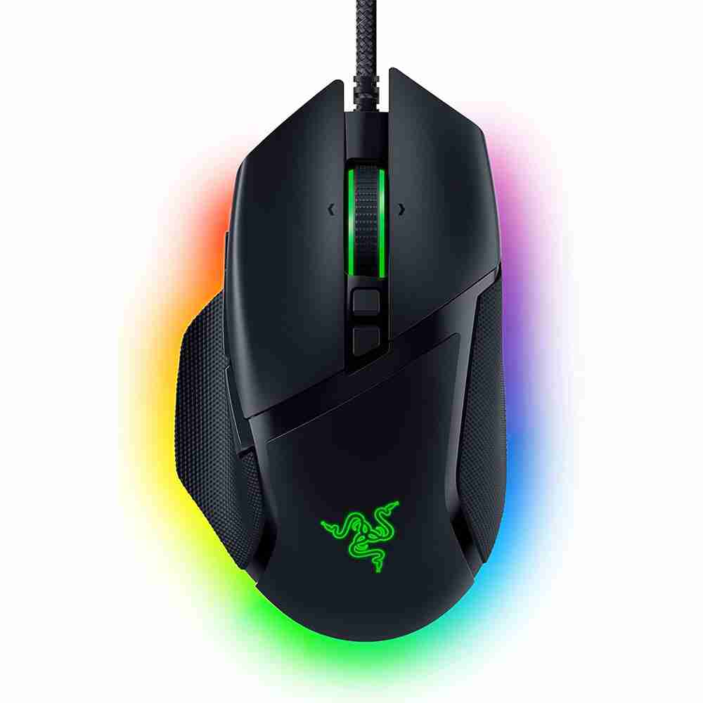 Top-down studio view of the Razer Basilisk V3 gaming mouse displaying vibrant Razer Chroma RGB underglow, scroll wheel, and palm logo lighting
