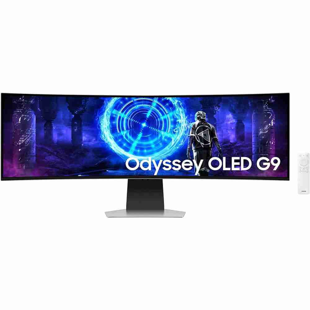 Direct front studio view of the 49-inch Samsung Odyssey OLED G9 32:9 ultra-wide curved gaming monitor on its silver desktop stand.