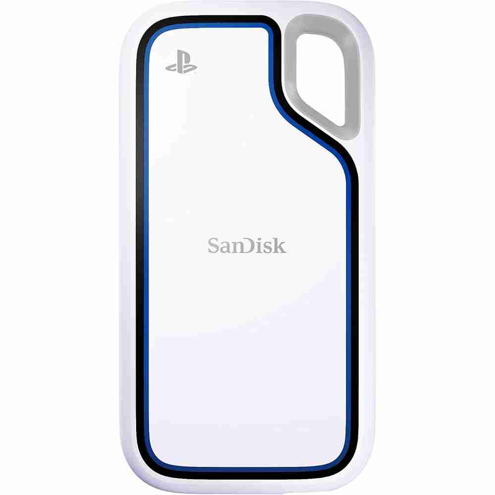 Direct front studio shot of the white SanDisk PlayStation-licensed portable SSD featuring a blue bumper edge and top carabiner loop.