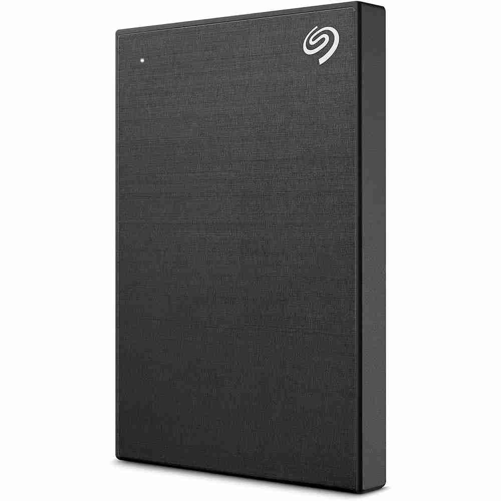 Direct studio view of the matte black Seagate Expansion portable external hard drive featuring a textured finish and white LED indicator light.