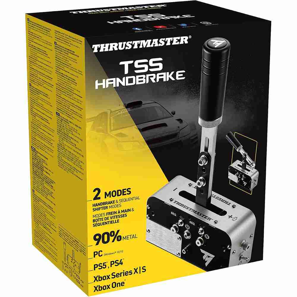 Official yellow and dark grey retail packaging box for the Thrustmaster TSS Handbrake Sparco Mod 2-in-1 handbrake and sequential shifter.