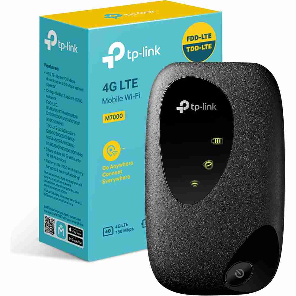 Compact black TP-Link M7200 4G LTE Mobile Wi-Fi router standing next to its teal retail box packaging.