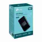 Teal and white retail packaging box for the TP-Link 4G LTE Wi-Fi router showcasing product branding and features.