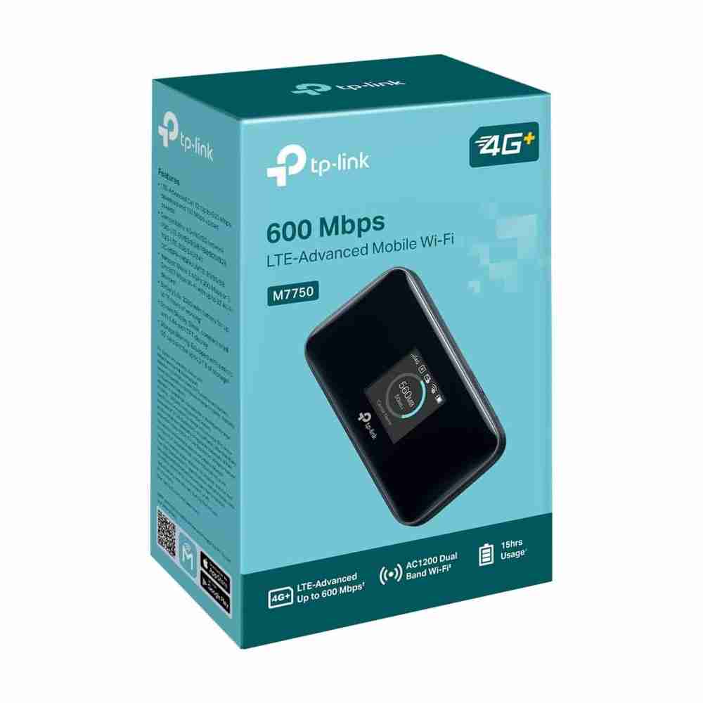tp-link-m7750-4g-lte-router-retail-packaging-box- Teal and white retail packaging box for the TP-Link 4G LTE Wi-Fi router showcasing product branding and features.