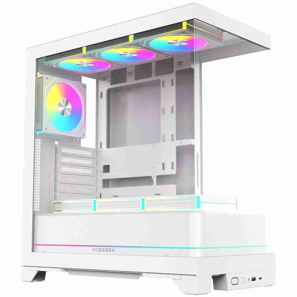 Three-quarter studio perspective of the white panoramic PC chassis highlighting front I/O ports, bottom power shroud, and illuminated RGB fans.