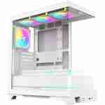 Three-quarter studio perspective of the white panoramic PC chassis highlighting front I/O ports, bottom power shroud, and illuminated RGB fans.