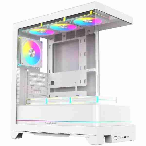 Three-quarter studio perspective of the white panoramic PC chassis highlighting front I/O ports, bottom power shroud, and illuminated RGB fans.