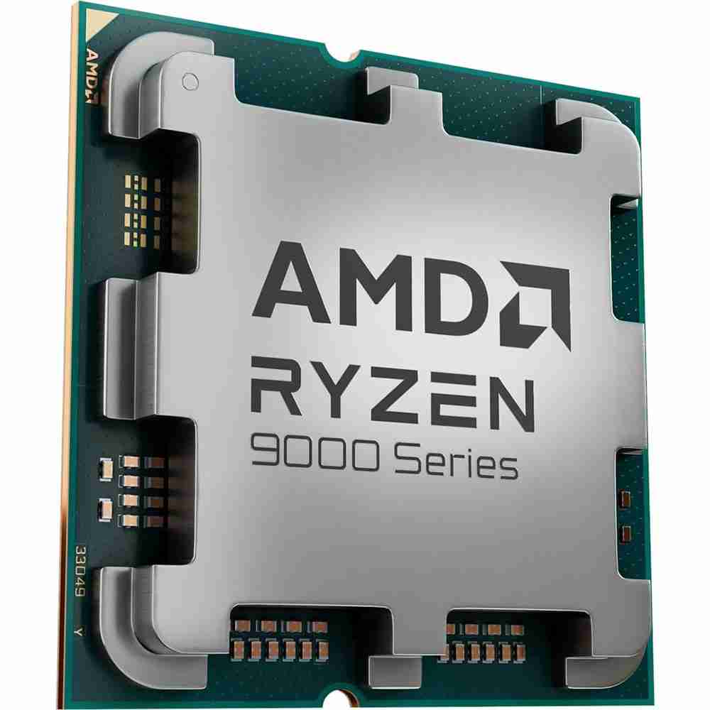 Three-quarter perspective studio shot of an AMD Ryzen 9000 Series AM5 desktop processor showing heat spreader cutouts and contact capacitors.