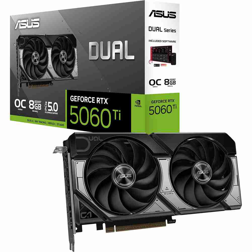 ASUS Dual GeForce RTX 5060 Ti OC Edition graphics card showcased alongside its official retail packaging box.
