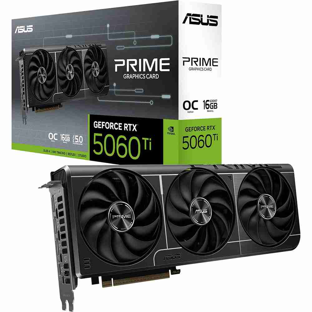 ASUS Prime GeForce RTX 5060 Ti OC Edition graphics card with triple-fan shroud displayed next to its official retail packaging box.