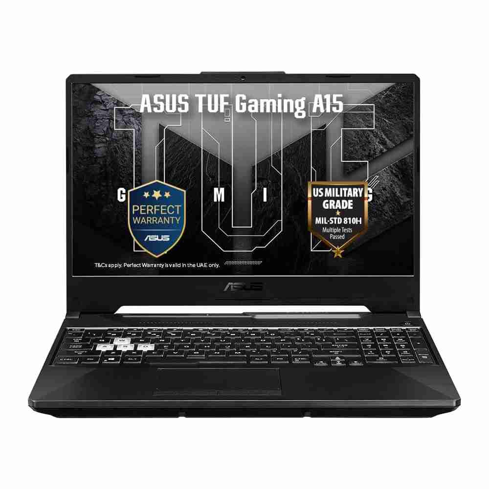 Direct front studio shot of the Graphite Black ASUS TUF Gaming A16 laptop showing screen display, WASD accented keyboard, and warranty badge badges.