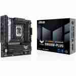 ASUS TUF Gaming B850M micro-ATX motherboard displayed upright alongside its official black and yellow retail packaging box.