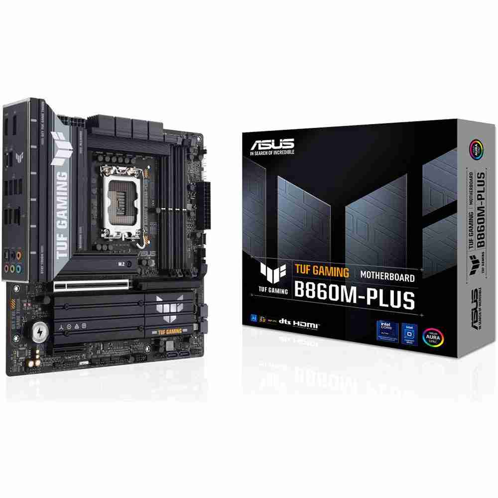 ASUS TUF Gaming B850M micro-ATX motherboard displayed upright alongside its official black and yellow retail packaging box.