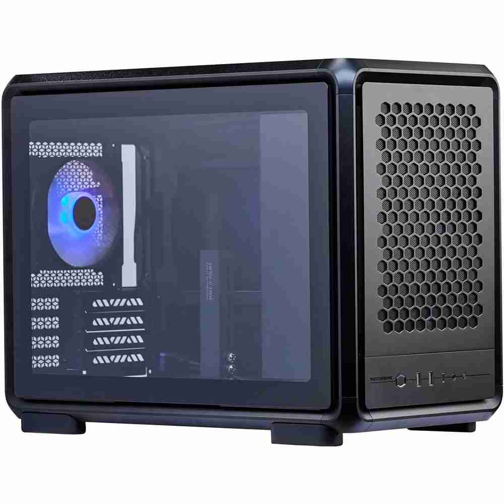 Side profile studio shot of a black PC enclosure displaying the internal motherboard chamber through tempered glass and vented side panel.