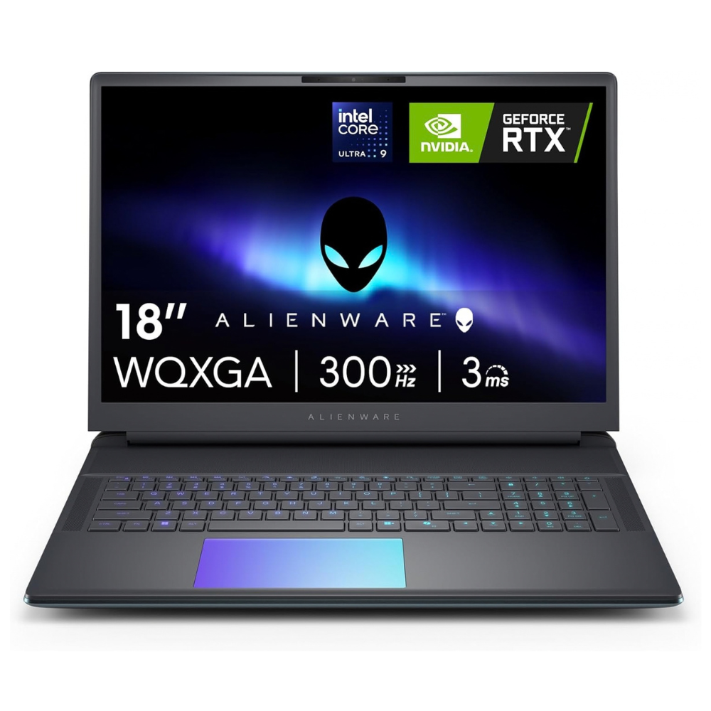 Dell Alienware 18 Area-51 AA18250 showing its 18-inch WQXGA 300Hz display and keyboard