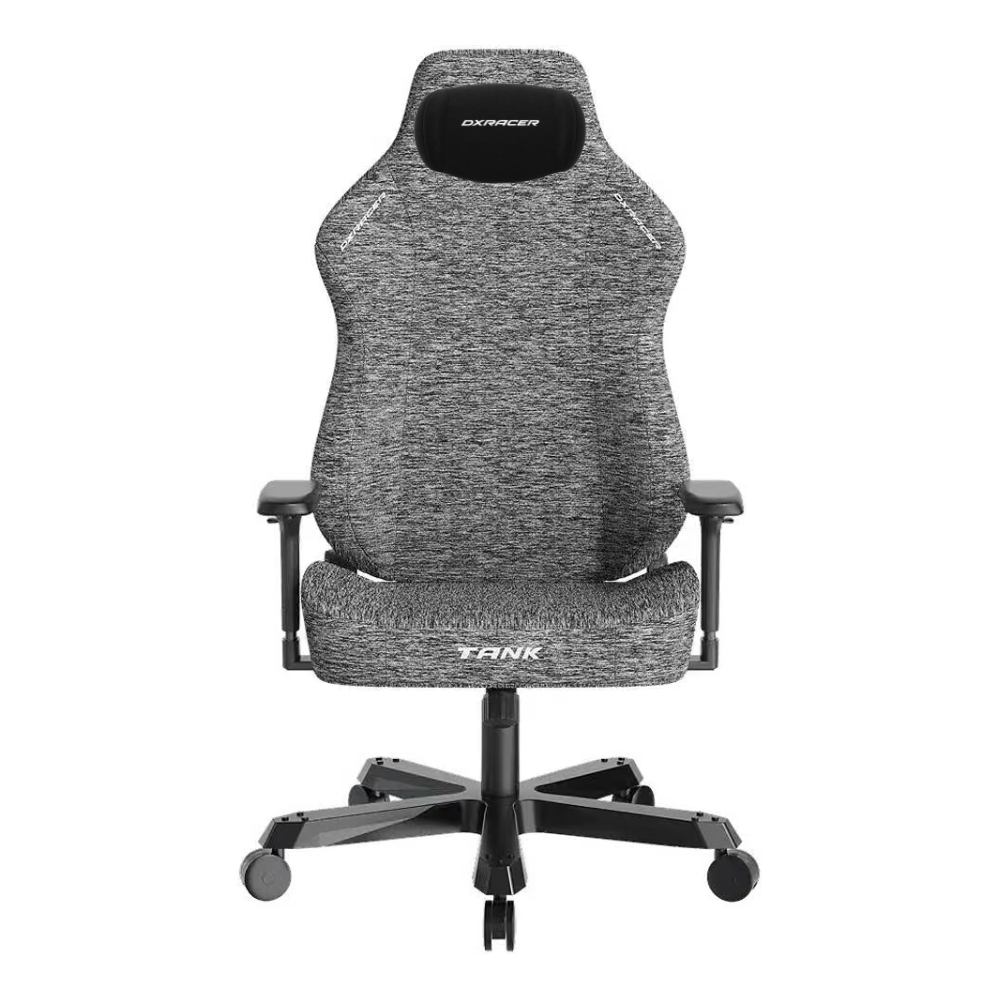 Front view of the grey DXRacer Tank Series XXL gaming chair with magnetic headrest and lumbar support