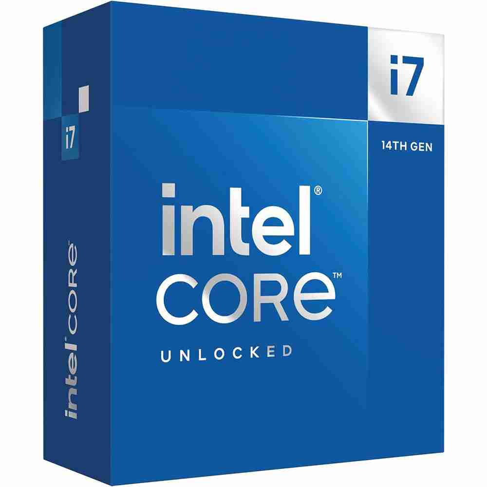 Direct front view of the blue Intel Core i7 Unlocked desktop CPU retail packaging box.