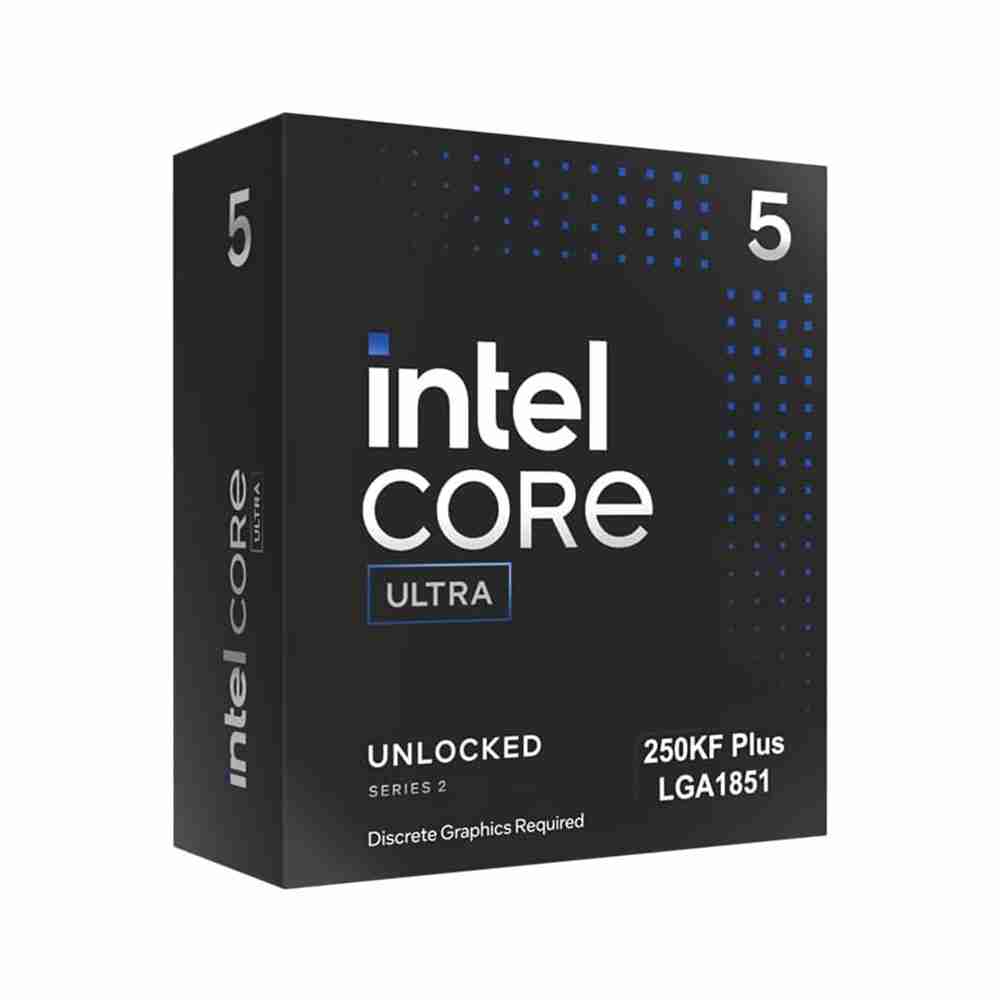 Studio product shot of the dark metallic blue Intel Core Ultra 5 Unlocked 250K LGA1851 desktop processor retail box.