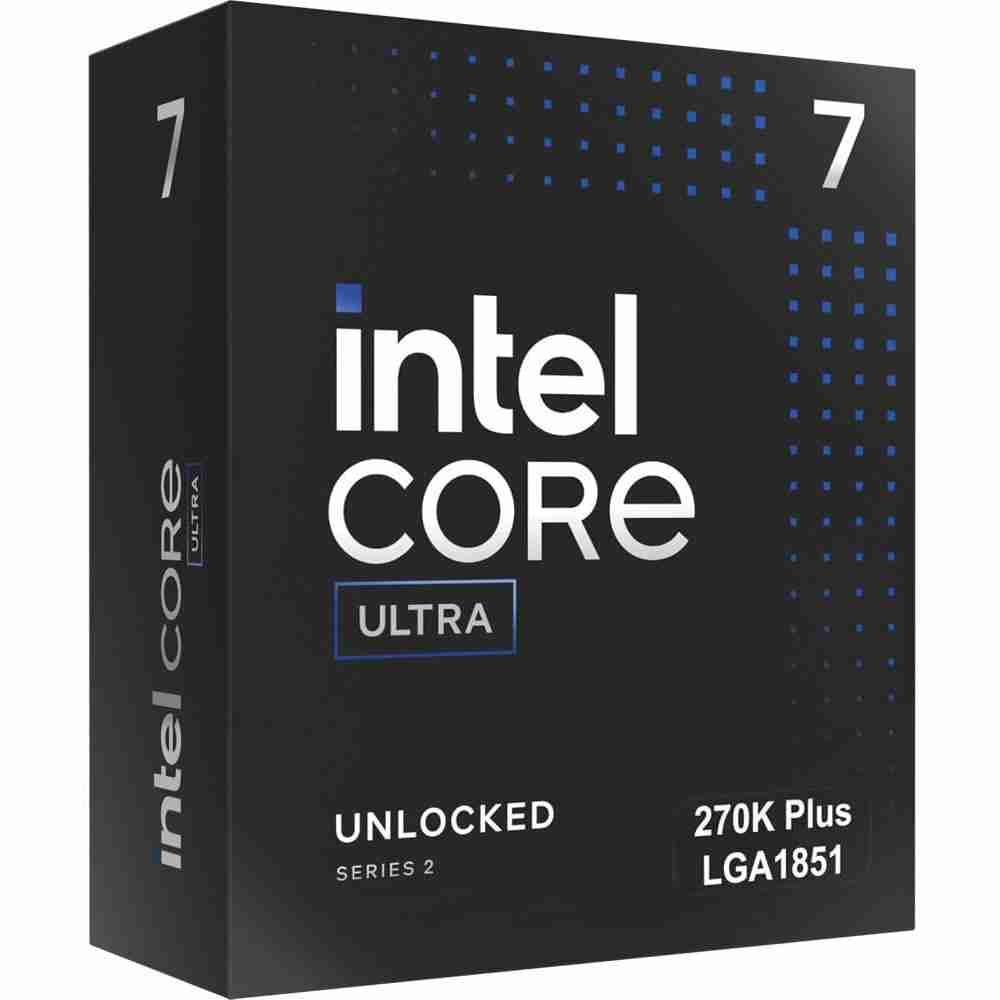 Studio product shot of the dark metallic blue Intel Core Ultra 7 Unlocked 265K LGA1851 desktop processor retail box.
