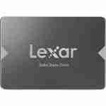 Top-down studio shot of the dark metallic enclosure of a Lexar 2.5-inch SATA III internal solid-state drive.