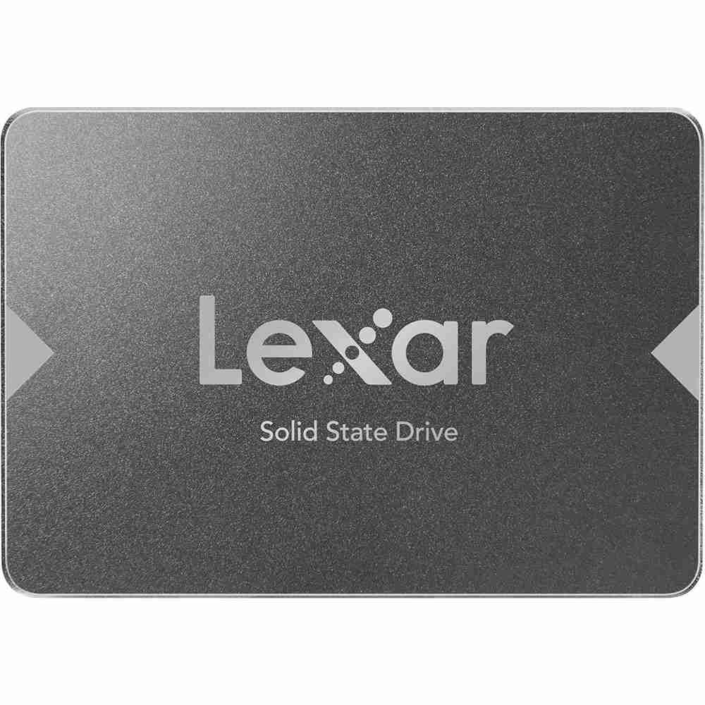 Top-down studio shot of the dark metallic enclosure of a Lexar 2.5-inch SATA III internal solid-state drive.