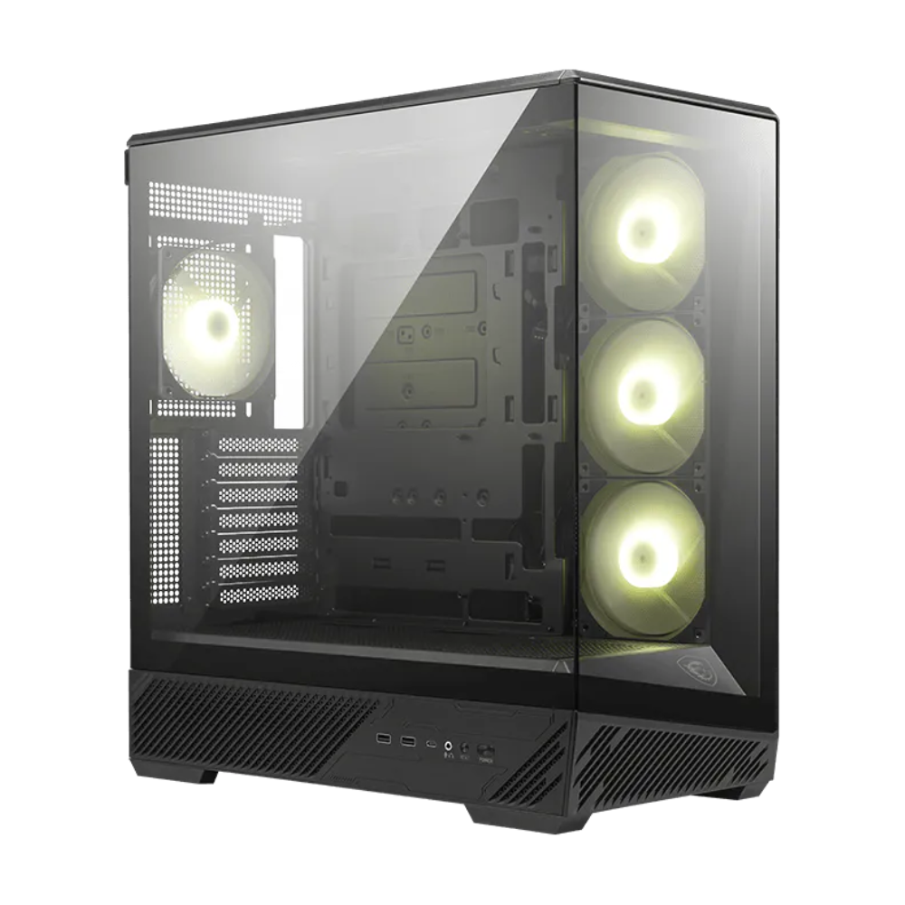 Black MSI MAG PANO 130R PZ PC case shown from an angled front and side view