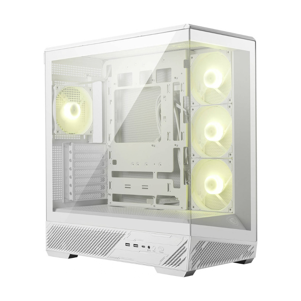 Three-quarter view of the white MSI MAG PANO 130R PZ case showing its glass panels and illuminated fans
