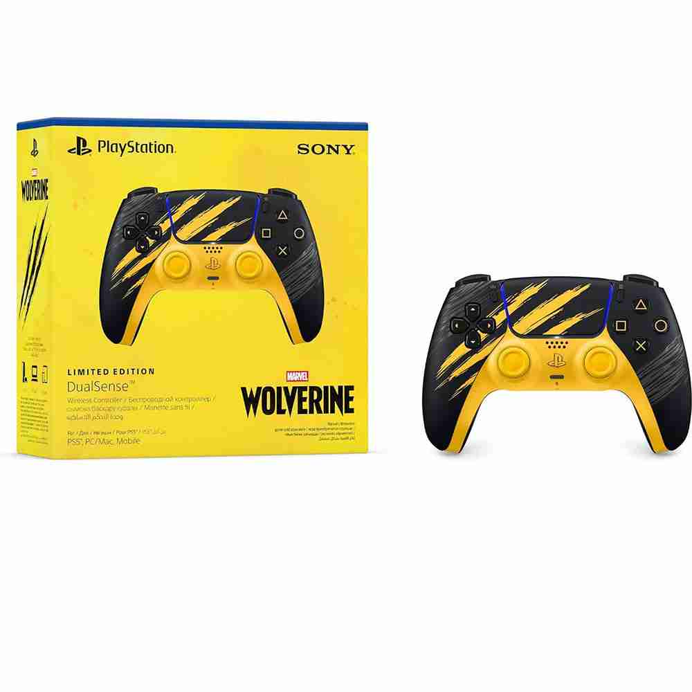 PlayStation 5 DualSense Marvel's Wolverine Limited Edition controller displayed beside its official yellow retail packaging box.